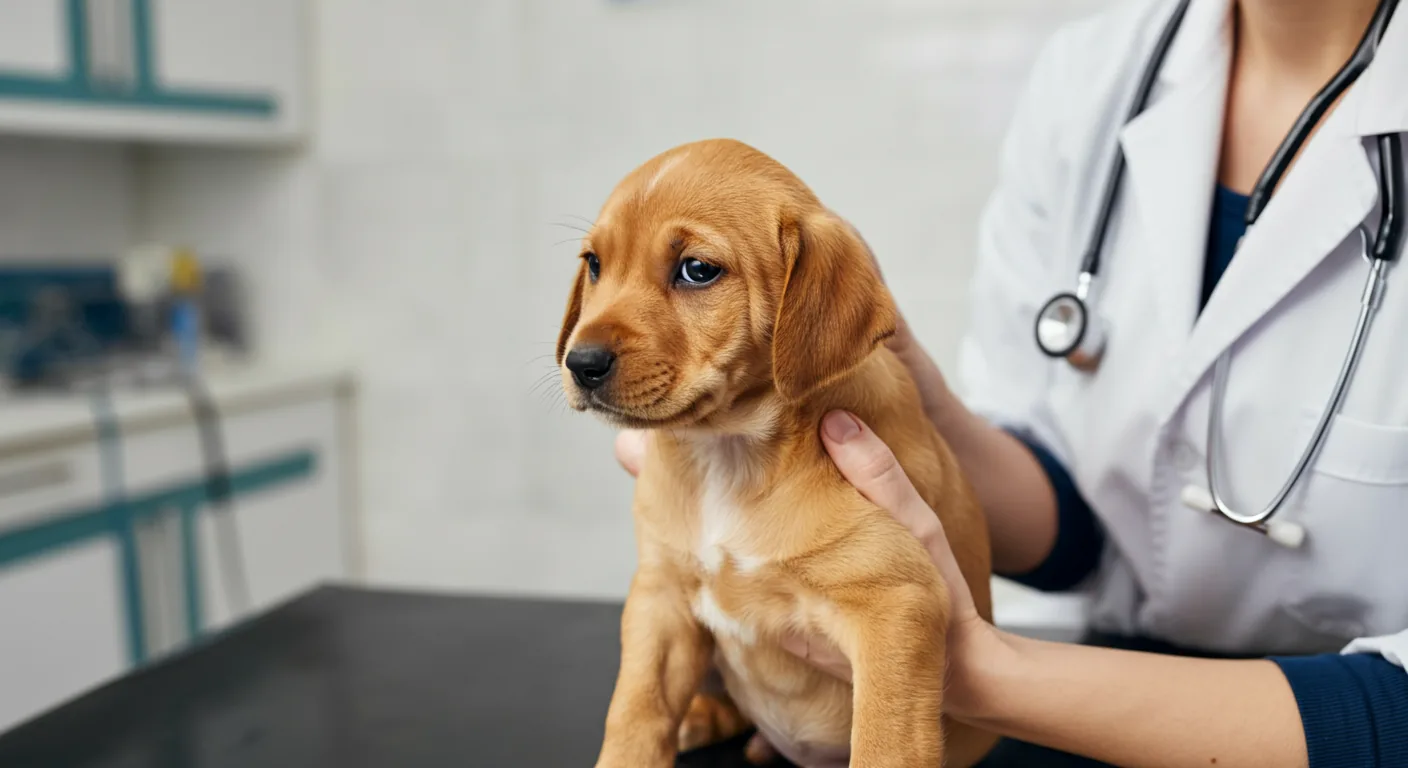 Young puppy undergoing early PRA eye screening examination at veterinary clinic